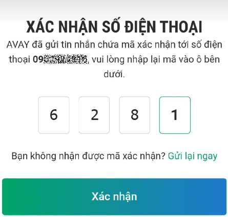 Nhập mã xác minh gửi về số điện thoại